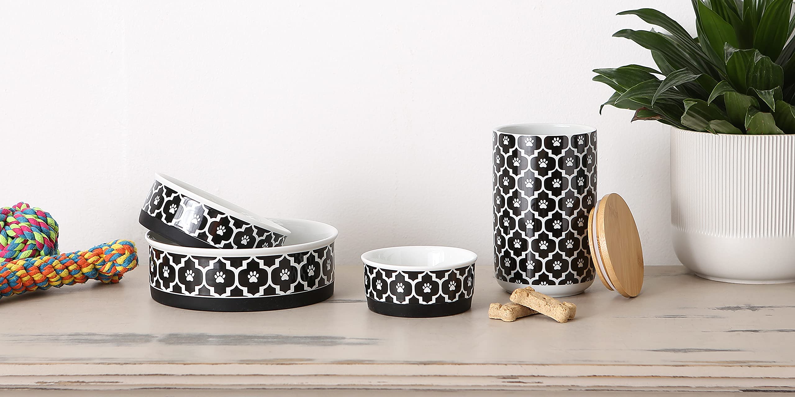 Bone Dry Lattice Collection Pet Bowl & Canister, Large Set, 7.5x2.4 inches, Black, 2 Piece